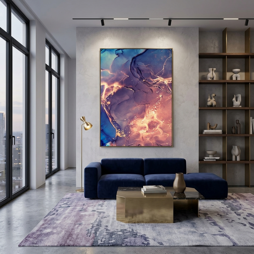 Violetter Puder mit blauen und goldenen Tönen Abstraktion Leinwand Wand Kunstdruck