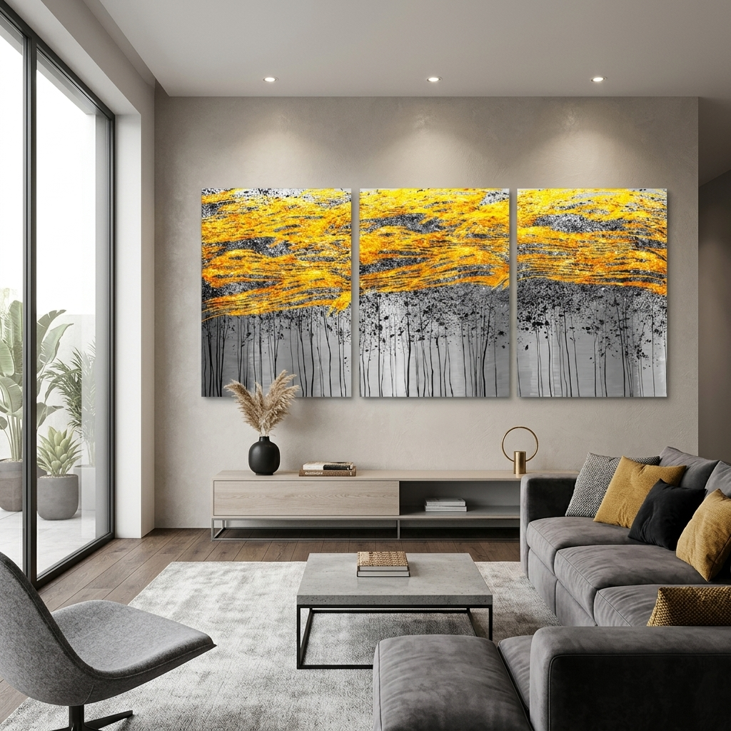 Modularer Kunstdruck auf Leinwand, abstraktes Gold mit Grautönen, mehrere Teile