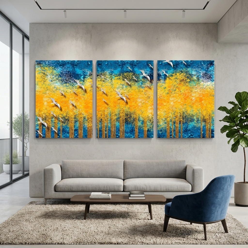 Modularer abstrakter Kunstdruck auf Leinwand, mehrteilig, Gelb und Blau