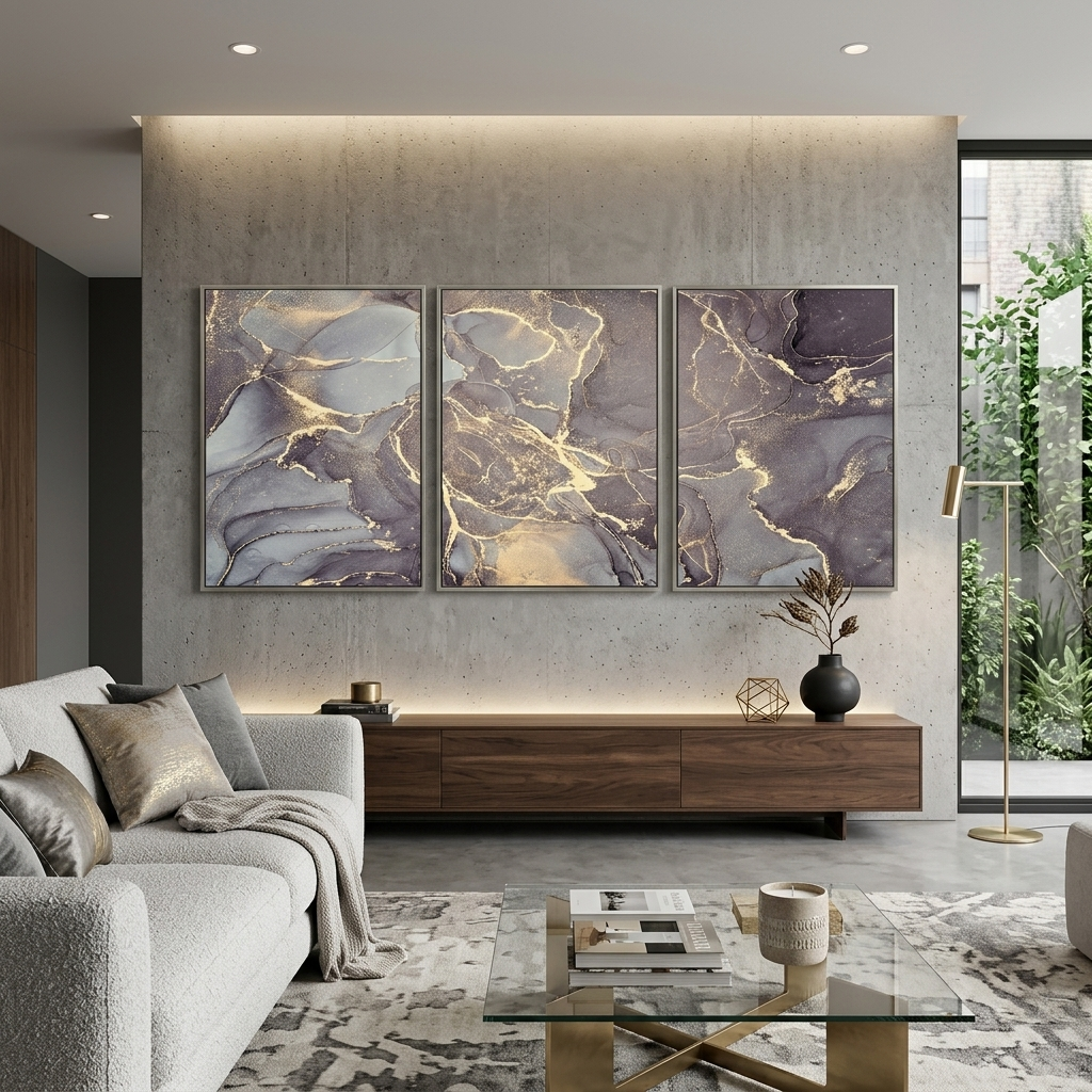 Modularer, grauer, abstrakter Kunstdruck mit goldenen Elementen, mehrere Teile auf Leinwand