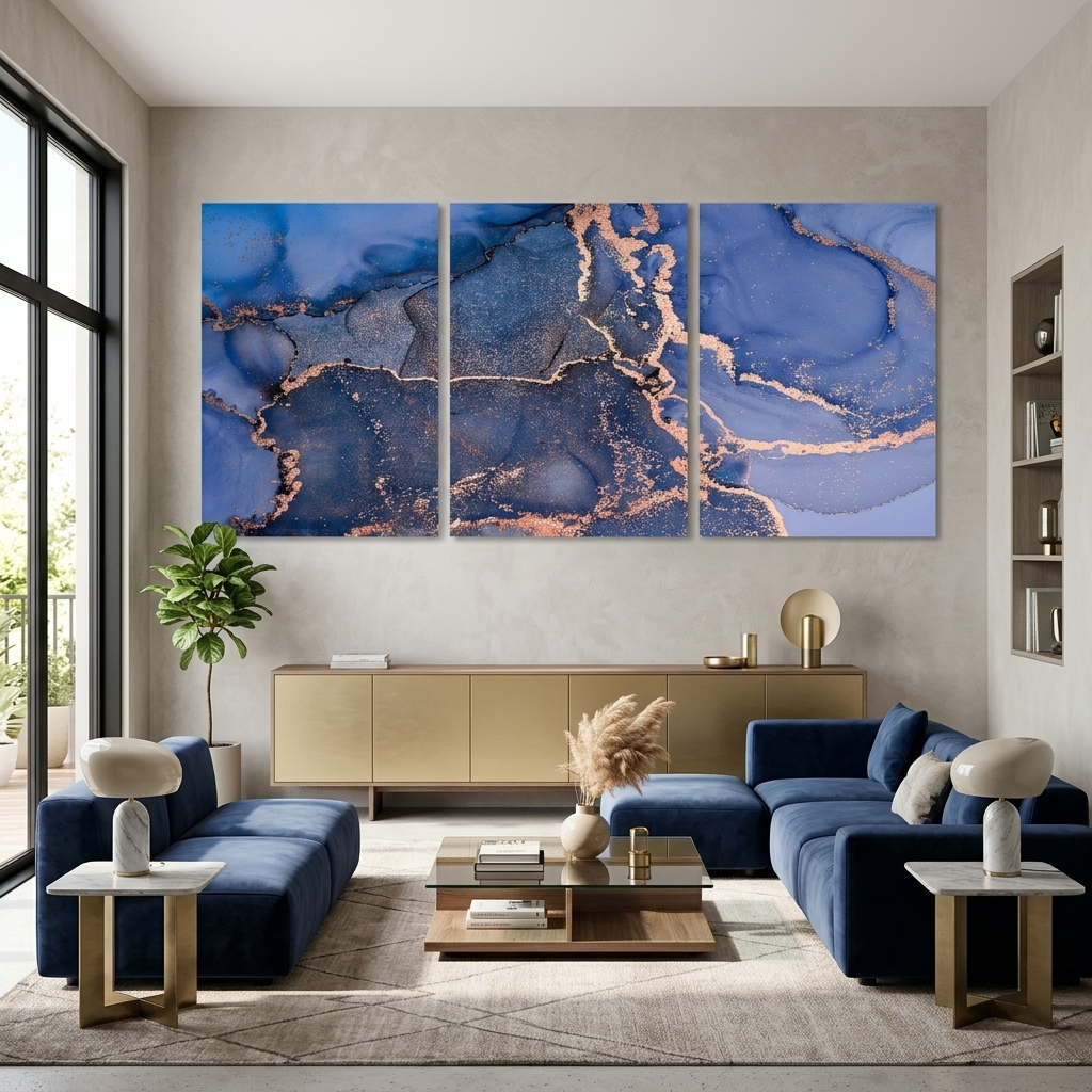 Modularer abstrakter mehrteiliger Kunstdruck auf Leinwand in Blau und Gold