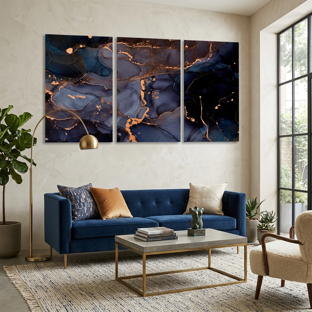Modularer abstrakter Kunstdruck auf mehrteiliger Leinwand in Blau mit goldenen Elementen