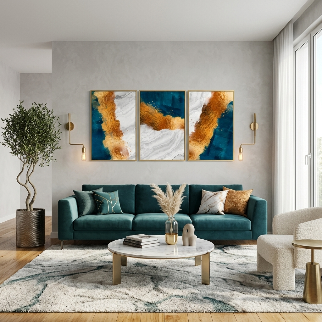 Modularer blau-goldener abstrakter Kunstdruck mit grauen Elementen, mehrere Teile auf Leinwand