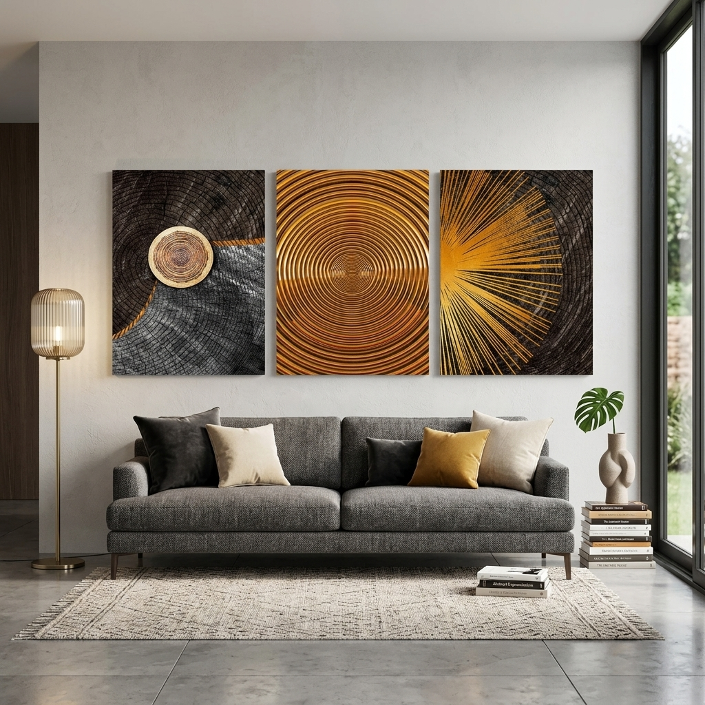 Modularer Kunstdruck auf Leinwand, mehrere Teile, in dunklen und goldenen Farbtönen