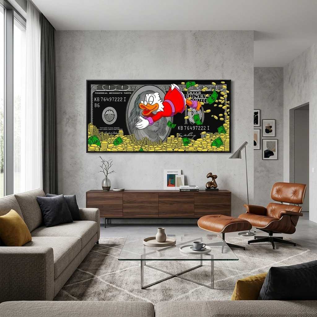 Skrooge taucht in den Gelddollar ein. Inspirierender Kunstdruck auf Leinwand.