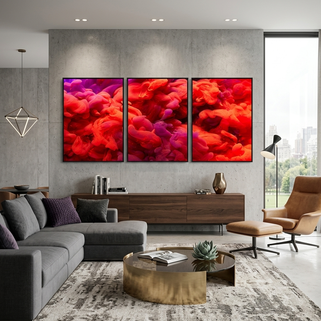 Modularer, abstrakter roter Kunstdruck auf Leinwand, mehrere Teile