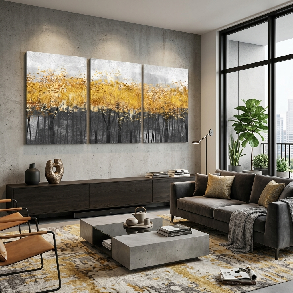 Modularer abstrakter Kunstdruck auf Leinwand, mehrere Teile, grau-gold
