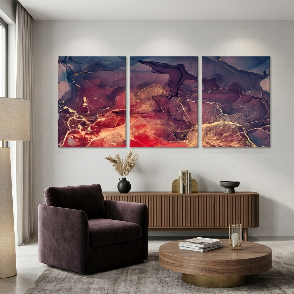 Modularer abstrakter Kunstdruck auf Leinwand, mehrteilig, Violett und Rot