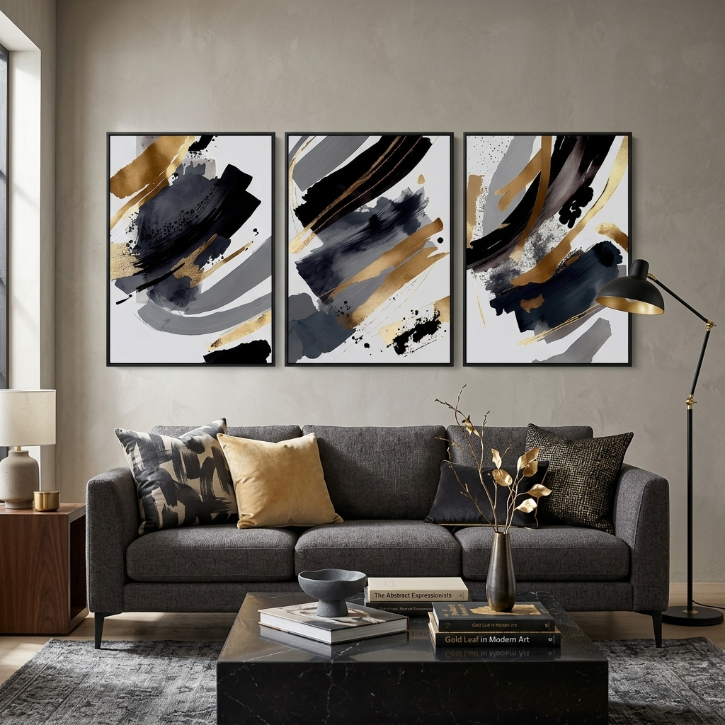 Modularer Kunstdruck auf Leinwand, mehrteilig, dunkles abstraktes Motiv auf weißem Hintergrund