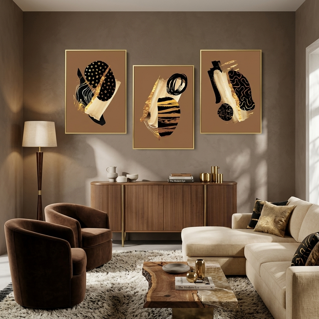 Modularer abstrakter Kunstdruck auf mehrteiliger Leinwand in den Farben Gold, Schwarz und Beige