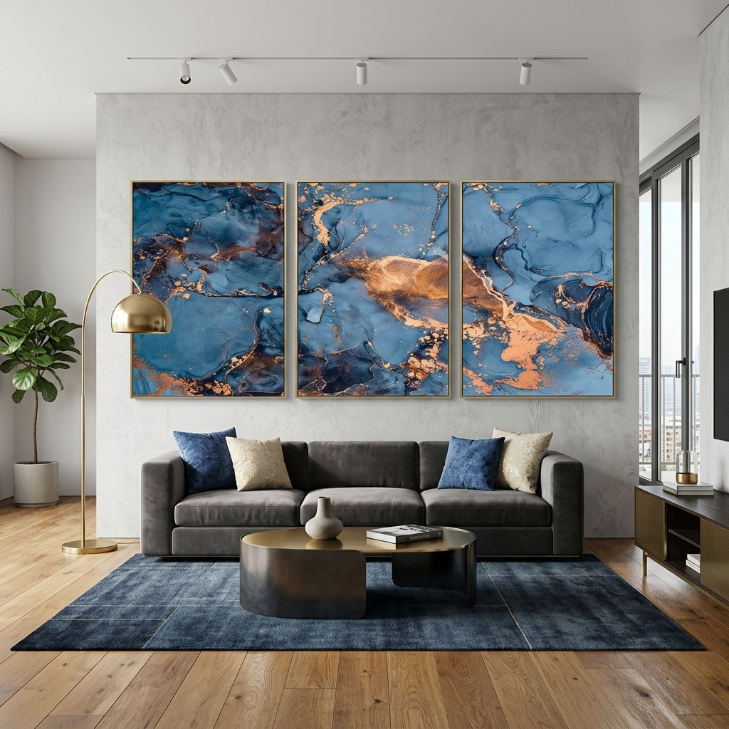 Modularer abstrakter mehrteiliger Kunstdruck auf Leinwand in Blau und Gold