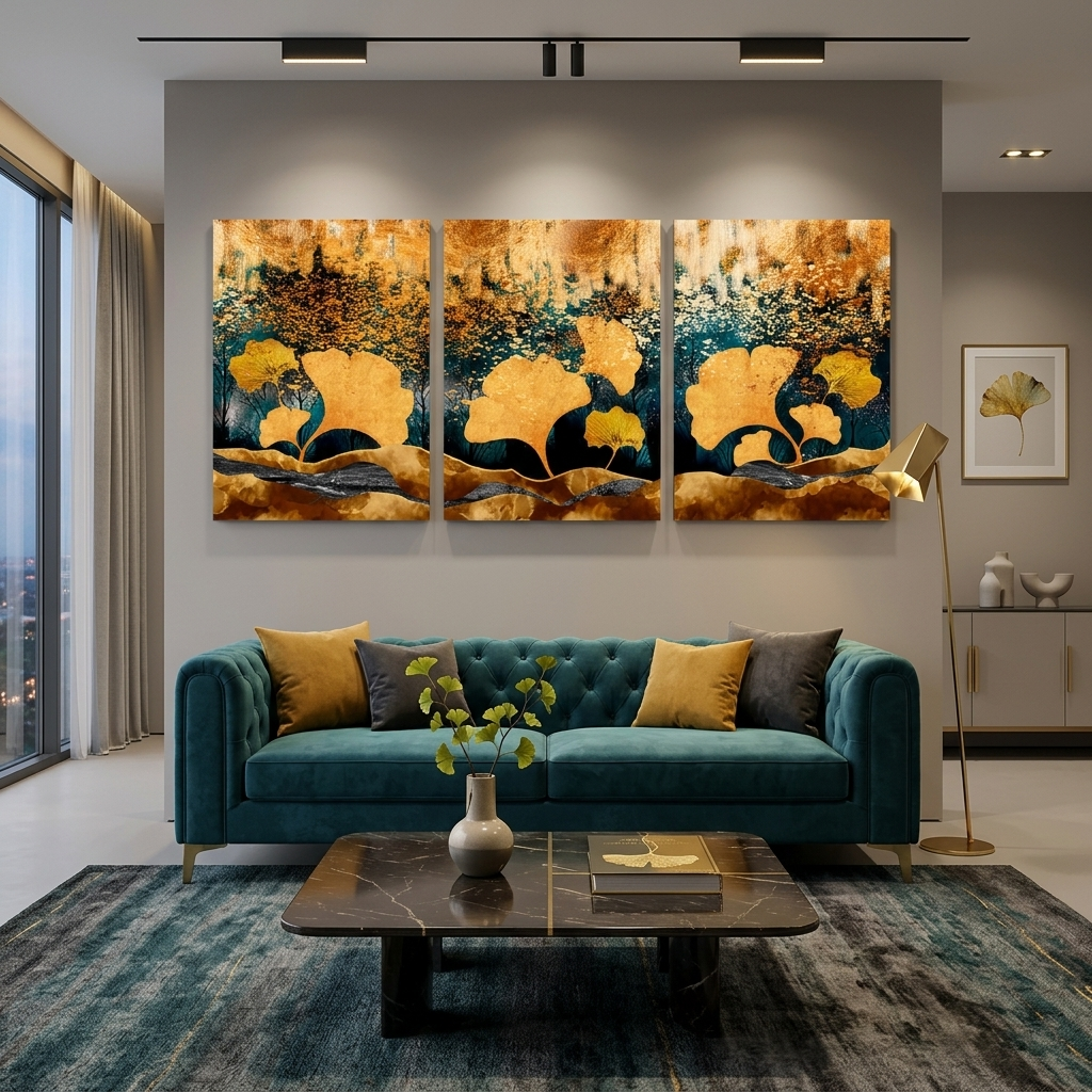 Modularer, abstrakter Kunstdruck auf Leinwand, mehrere Teile, Gelbgold