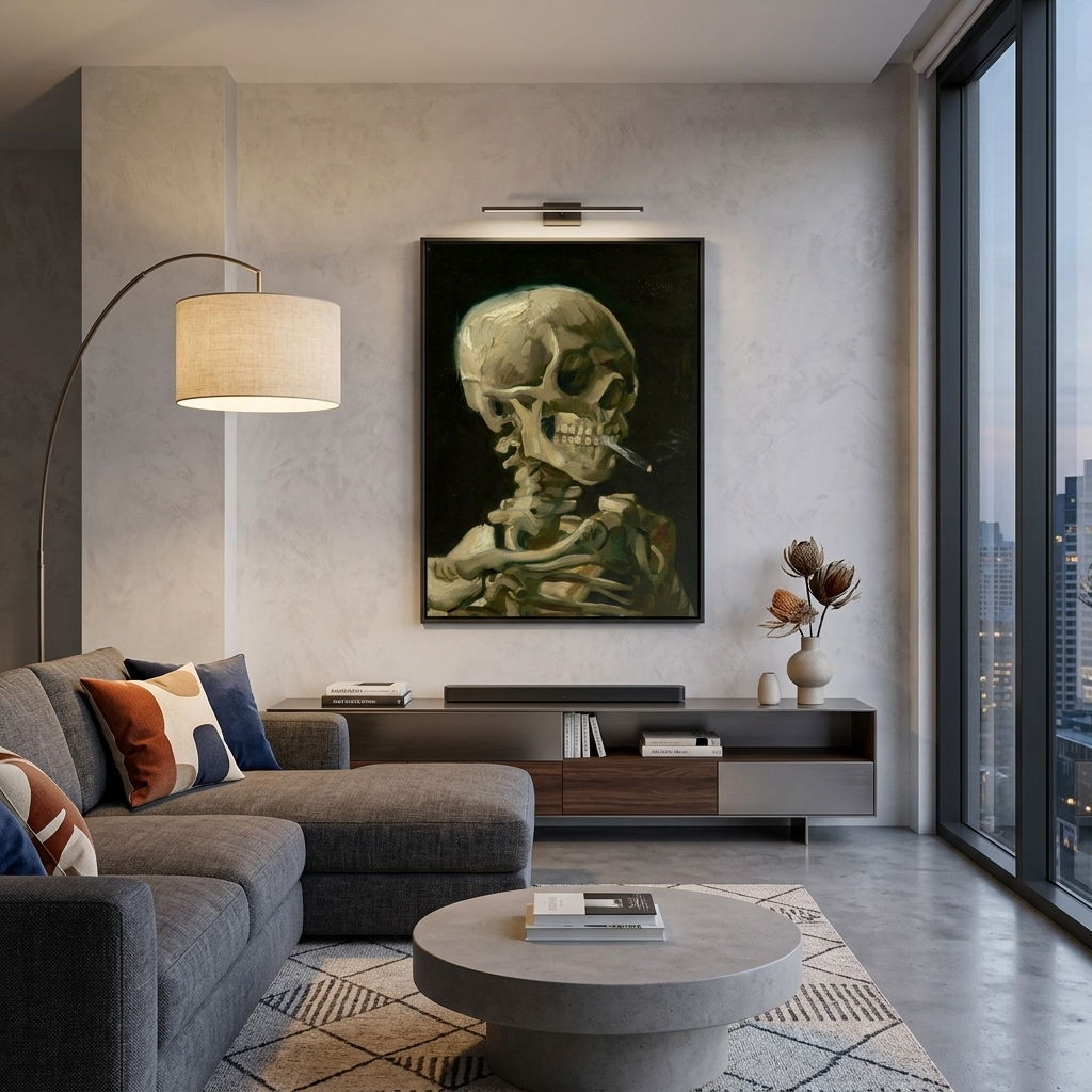 Reproduktion „Totenkopf mit brennender Zigarette“ von Vincent Van Gogh, Reproduktion auf Leinwand, Kunstdruck