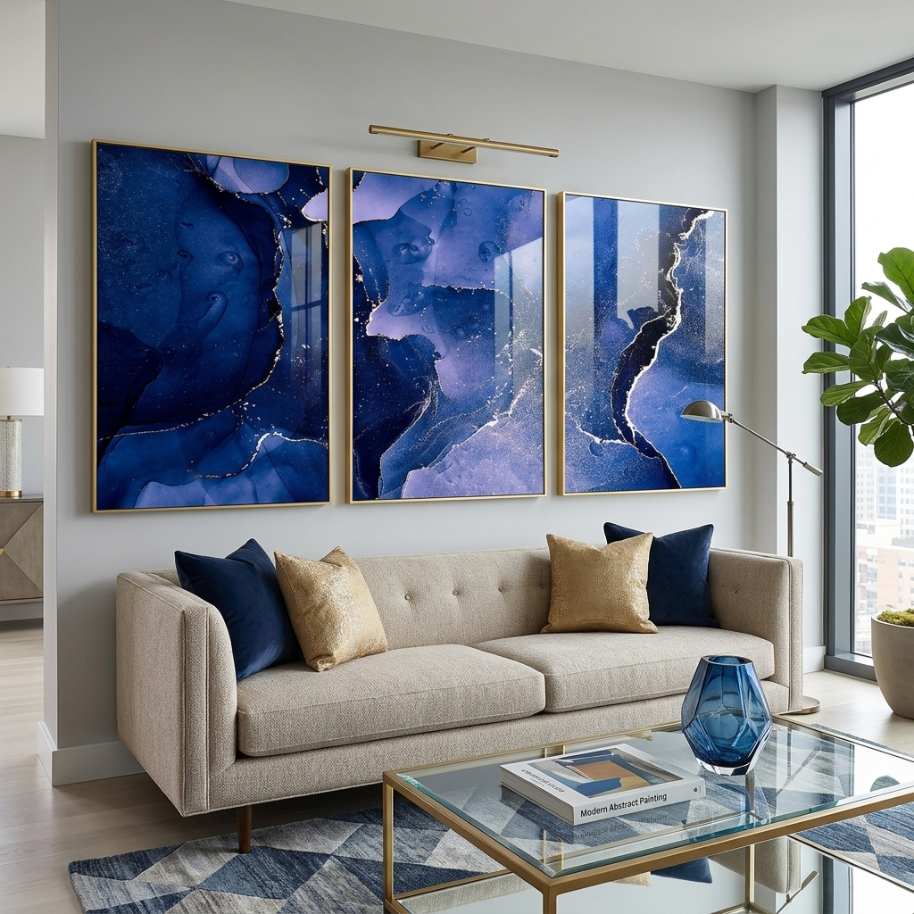 Modularer, abstrakter Kunstdruck auf Leinwand, mehrere Teile, Marineblau