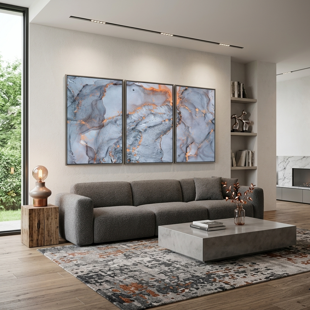 Modularer abstrakter mehrteiliger Kunstdruck auf Leinwand in Grau-Pulver