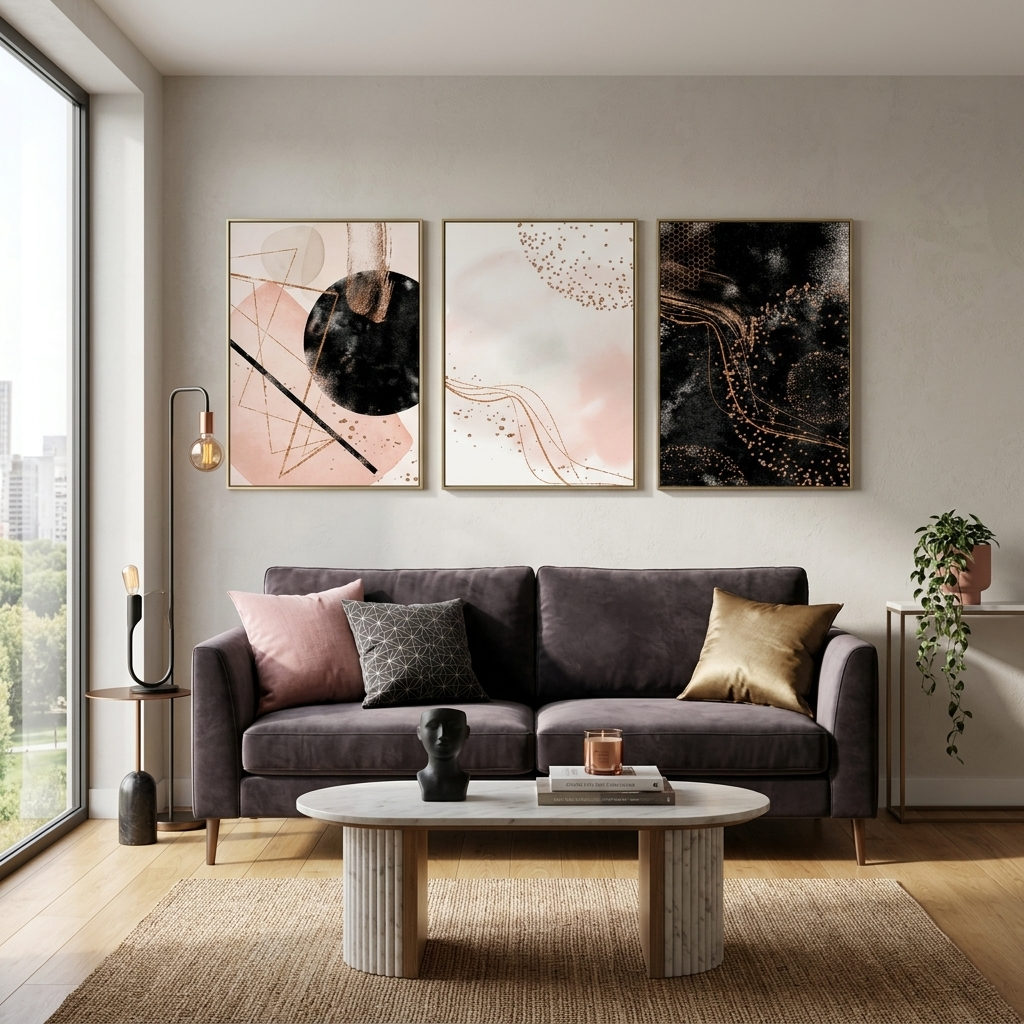 Modularer abstrakter Kunstdruck auf Leinwand mit mehreren Teilen in Schwarzpulver