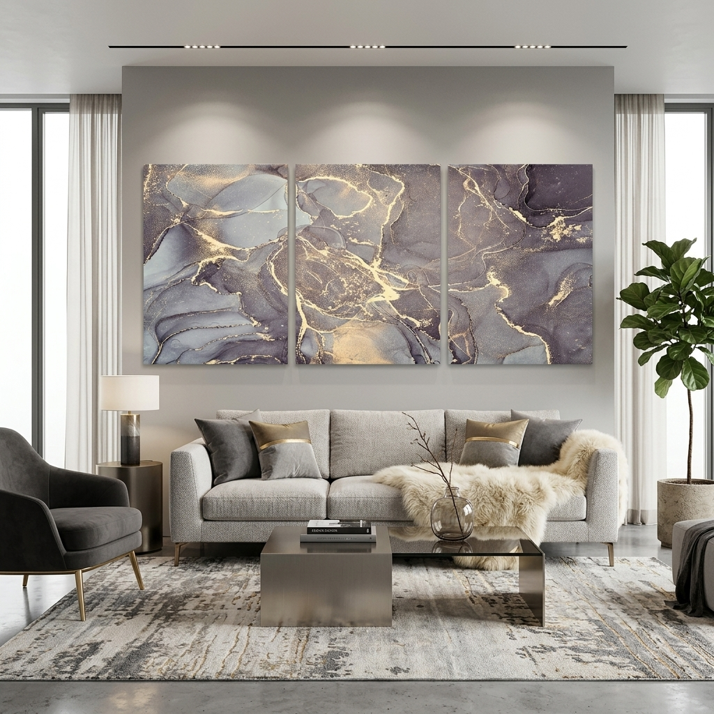 Modularer, grauer, abstrakter Kunstdruck mit goldenen Elementen, mehrere Teile auf Leinwand