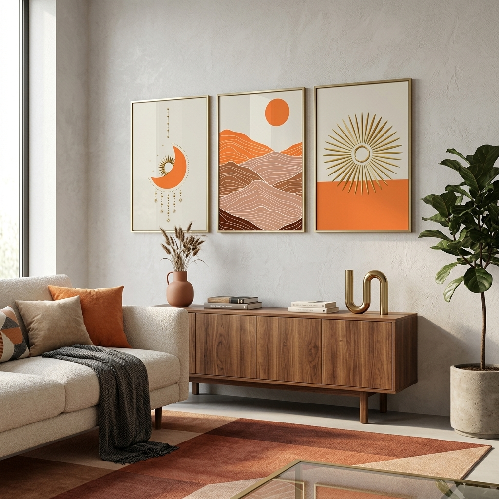 Modulare geometrische Abstraktion mit leuchtend orangefarbenem, mehrteiligem Leinwandbild.