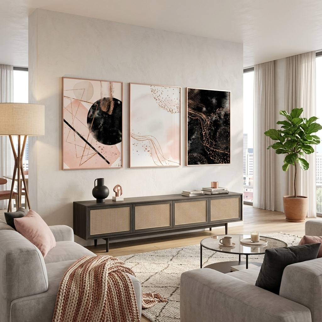 Modularer abstrakter Kunstdruck auf Leinwand mit mehreren Teilen in Schwarzpulver