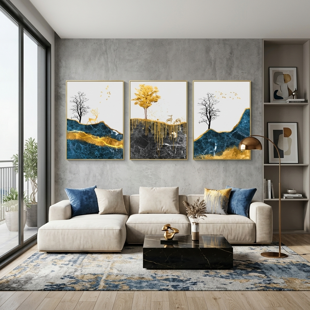 Modularer abstrakter Hirschgang mit ausgeprägter goldener Farbe, mehrteiliger Kunstdruck auf Leinwand