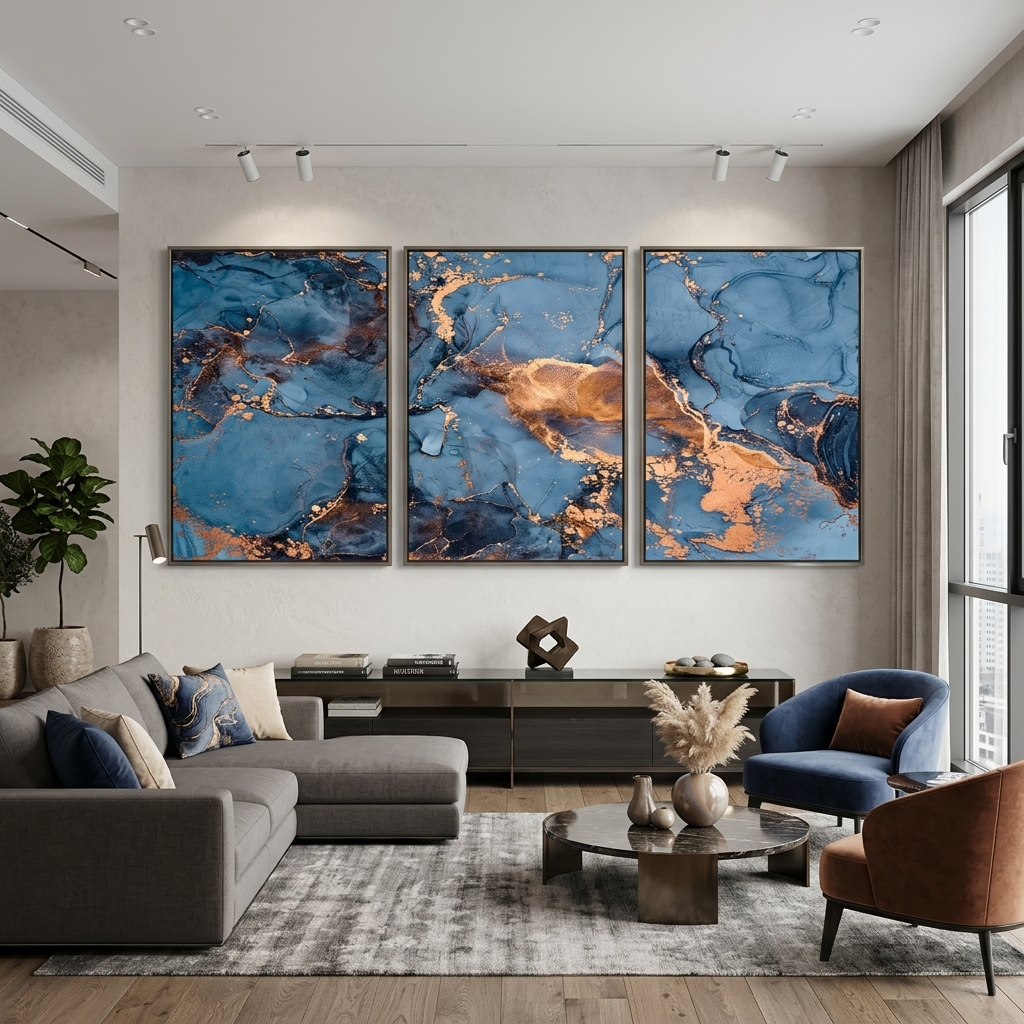 Modularer abstrakter mehrteiliger Kunstdruck auf Leinwand in Blau und Gold