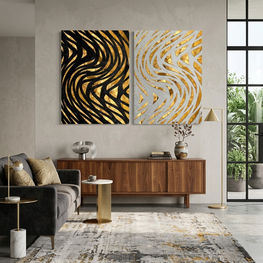 Modularer abstrakter goldener Linien auf weißem und schwarzem Hintergrund, mehrteiliger Leinwand-Kunstdruck