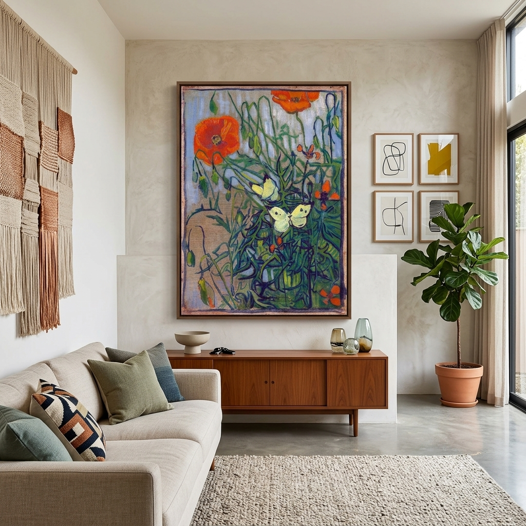 Reproduktion „Schmetterlinge und Mohnblumen“ von Vincent Van Gogh, Reproduktion auf Leinwand, Wand-Kunstdruck