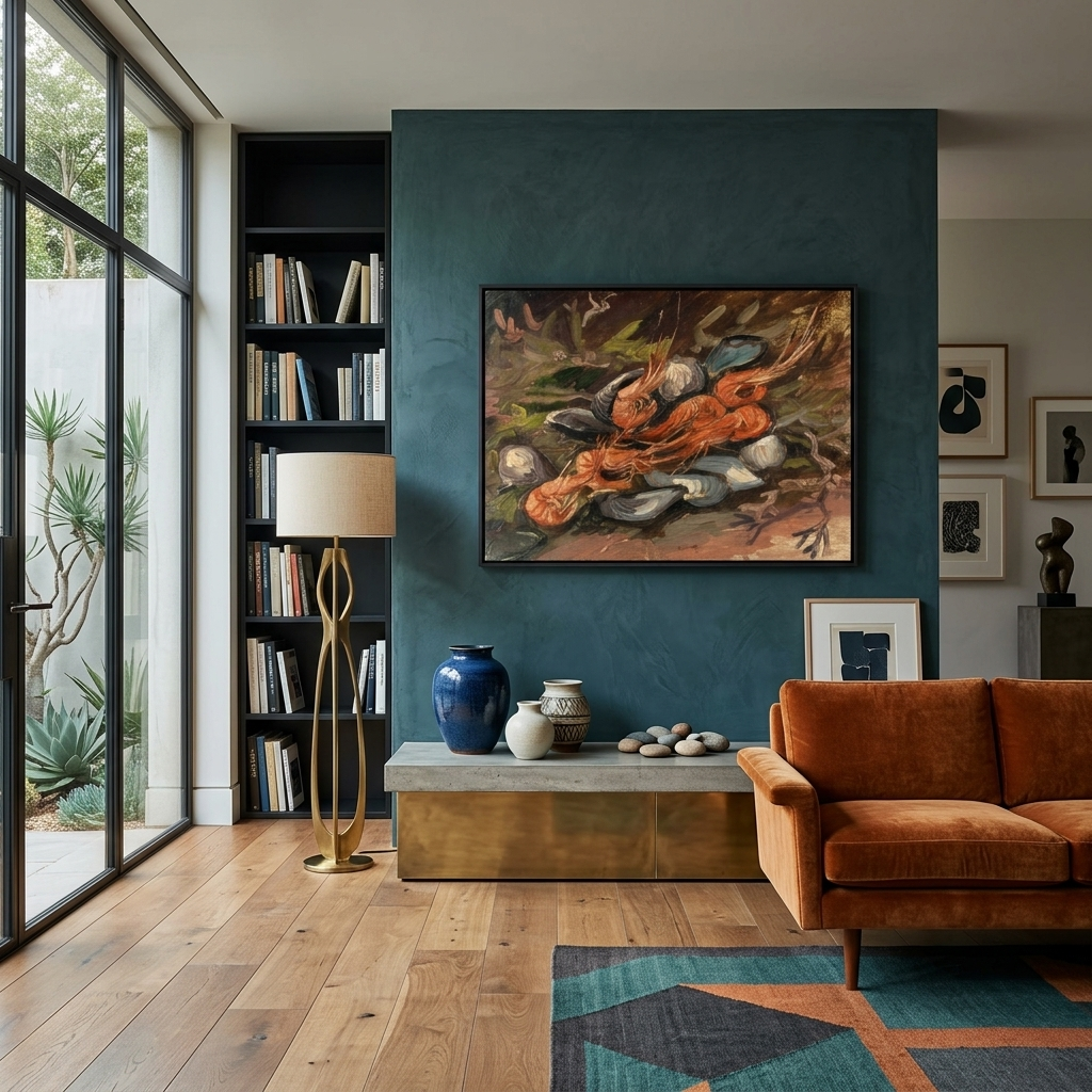 Reproduktion von Garnelen und Muscheln, Reproduktion auf Leinwand, Kunstdruck