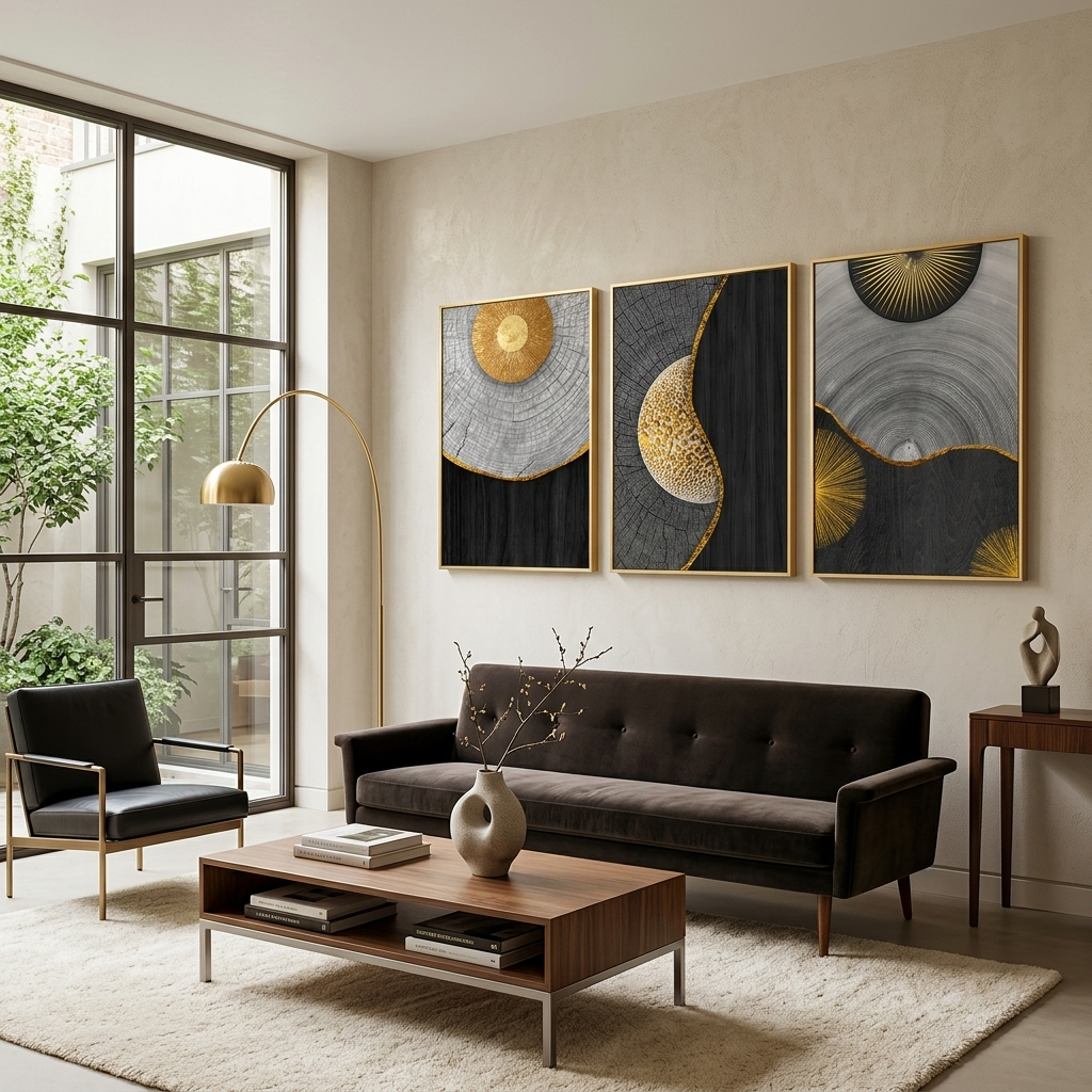 Modularer dreiteiliger Kunstdruck auf Leinwand, mehrteilig, aus schwarzem und grauem Holz