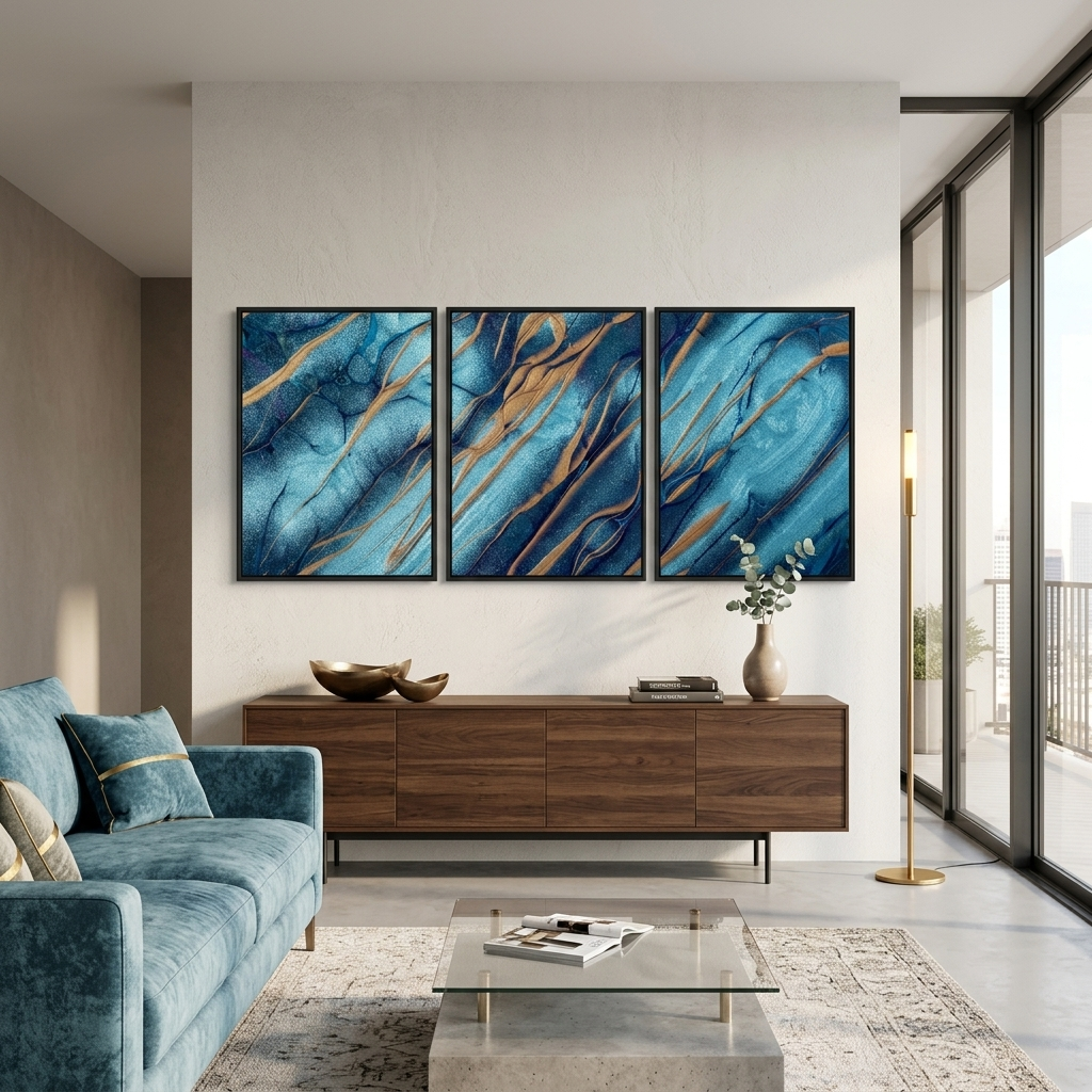 Modularer blau-blauer abstrakter Kunstdruck mit goldenen Elementen, mehrere Teile auf Leinwand