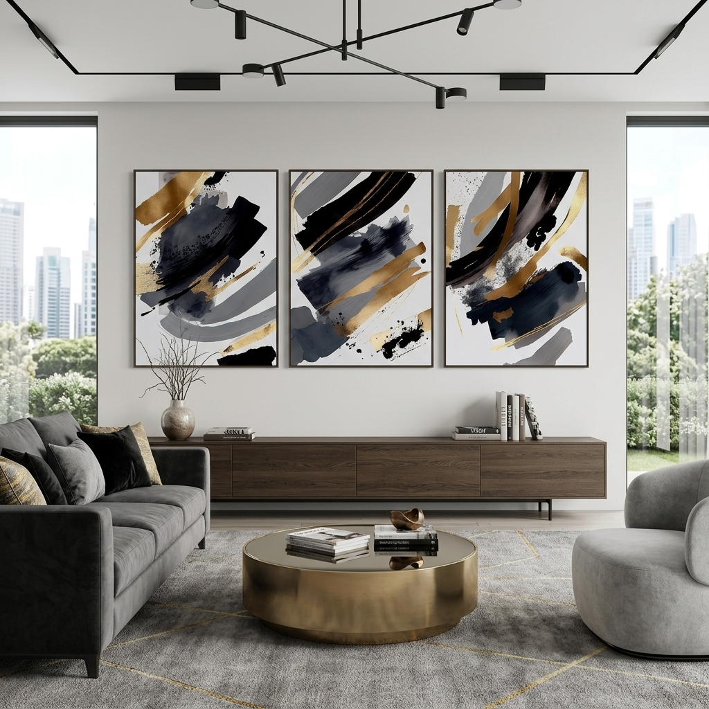 Modularer Kunstdruck auf Leinwand, mehrteilig, dunkles abstraktes Motiv auf weißem Hintergrund