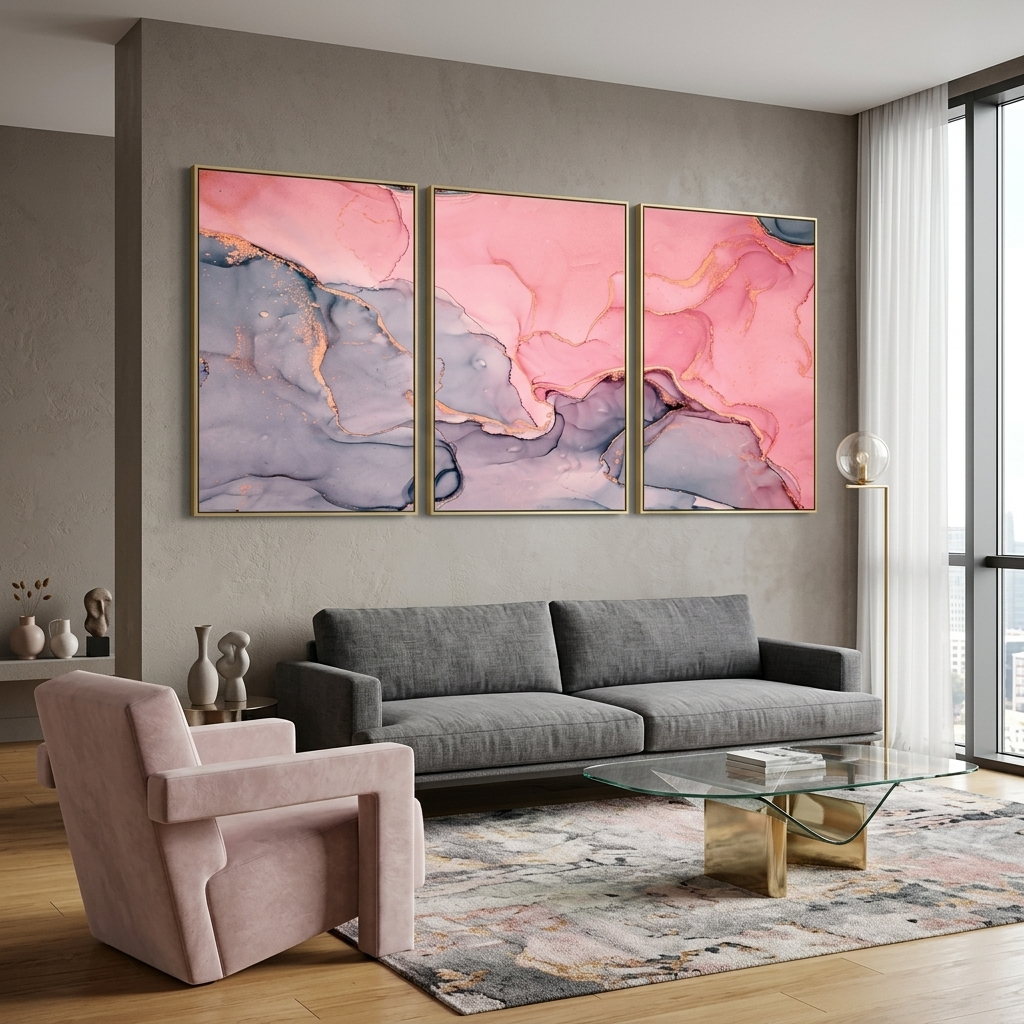 Modularer abstrakter Kunstdruck auf mehrteiliger Leinwand in Grau und Rosa