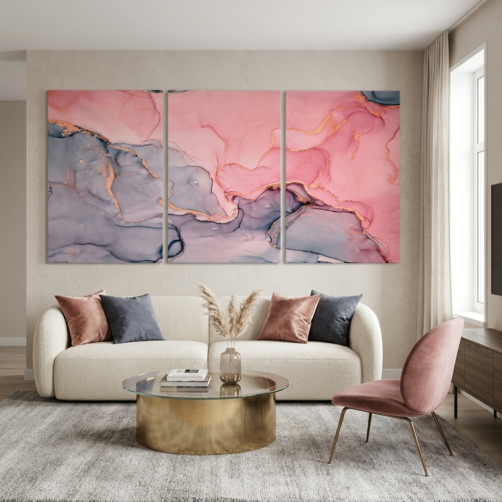 Modularer abstrakter Kunstdruck auf mehrteiliger Leinwand in Grau und Rosa