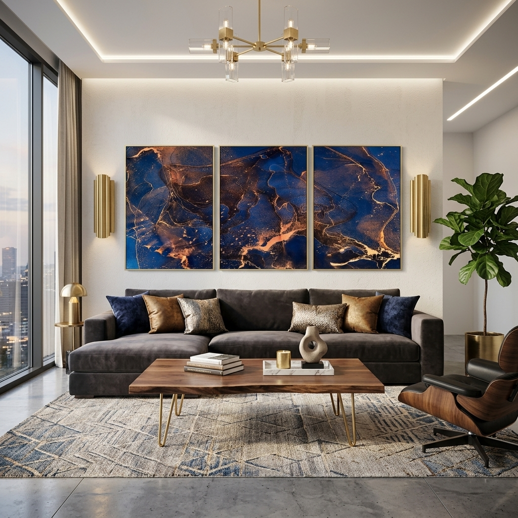 Modular abstract navy and gold Multi Panel Canvas Wall Art Print