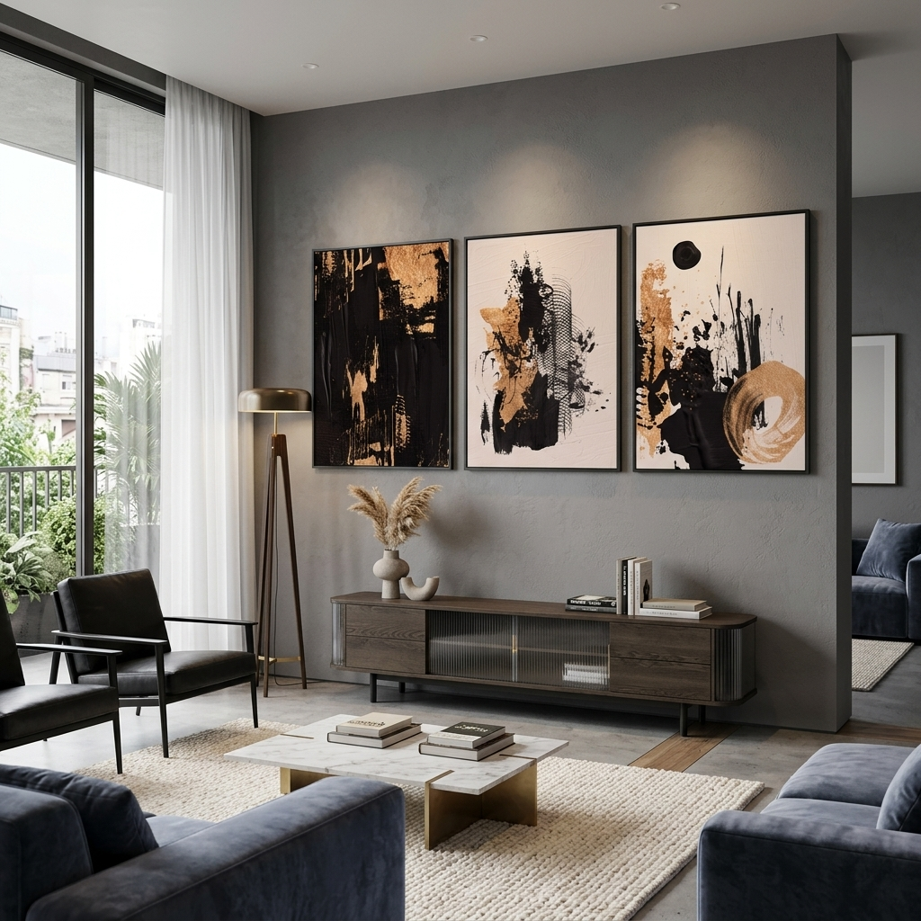 Modularer abstrakter Kunstdruck auf Leinwand, mehrteilig, Schwarz und Gold
