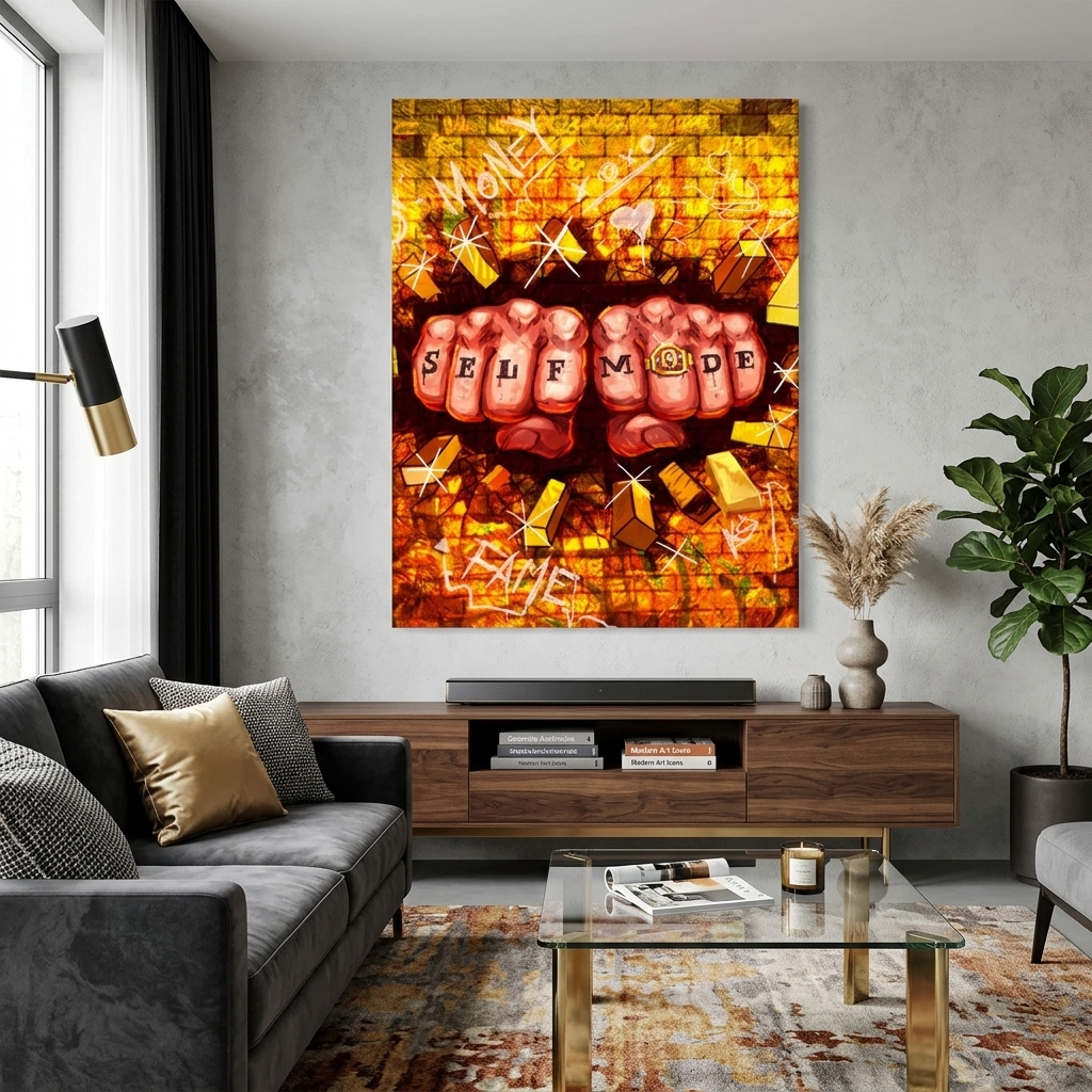 Zwei Fäuste und eine goldene Wand Motivierender Kunstdruck auf Leinwand