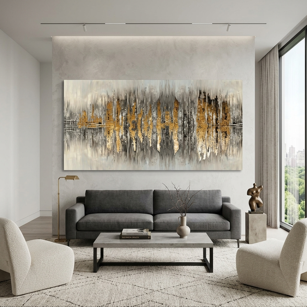 Die Silhouette der Stadt ist ein grau-goldener Abstraktions-Kunstdruck auf Leinwand.