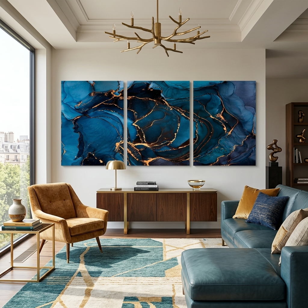 Modularer, abstrakter Kunstdruck auf blauer Leinwand mit goldenen Elementen, mehrere Teile