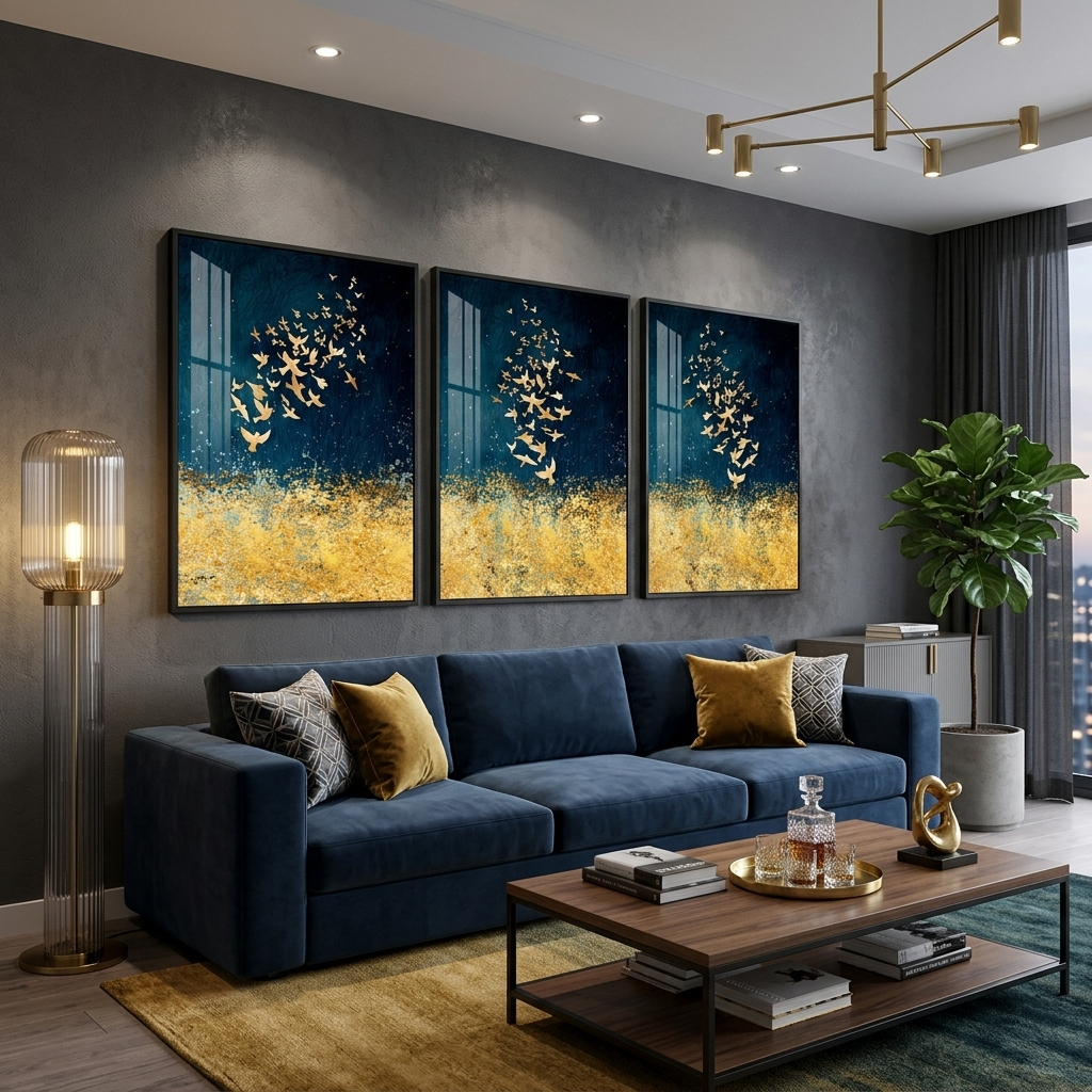 Modulare Abstraktion in Gold- und Blautönen, mehrteiliger Kunstdruck auf Leinwand