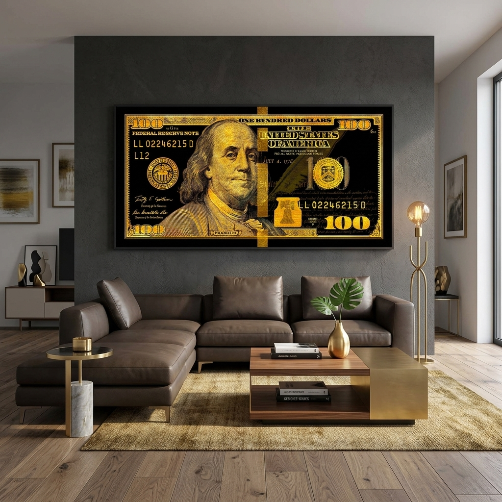 100 Dollar Schein Schwarz und Gold Motivierender Leinwand-Kunstdruck