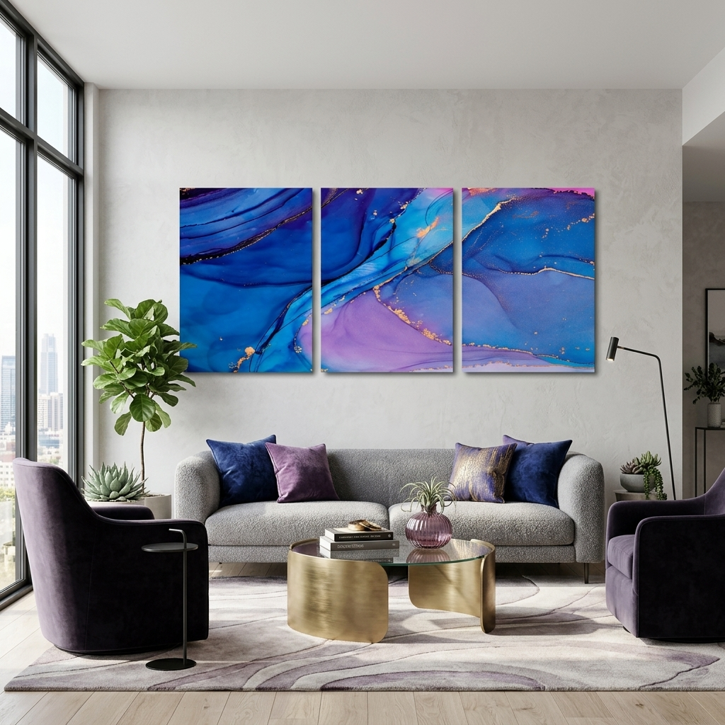 Modularer, abstrakter Kunstdruck auf Leinwand, mehrere Teile, Lavendelblau