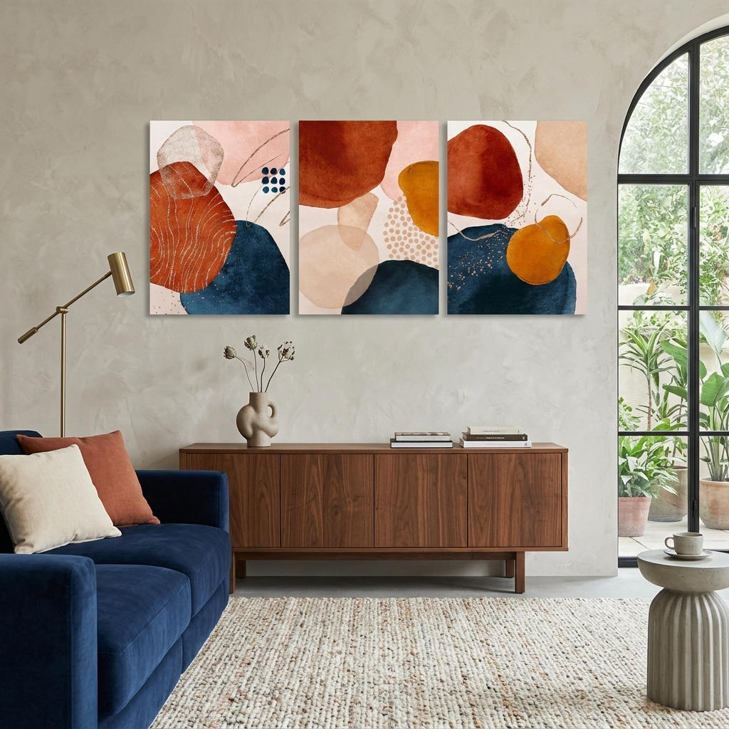 Modularer dreiteiliger abstrakter Kunstdruck auf Leinwand in Blau und Orange