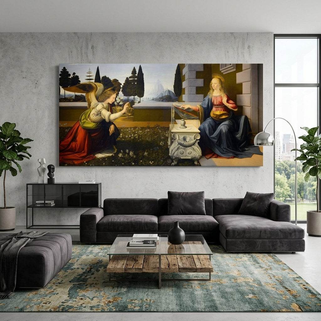 Reproduktion von Leonardo da Vincis Verkündigung, Reproduktion auf Leinwand, Kunstdruck