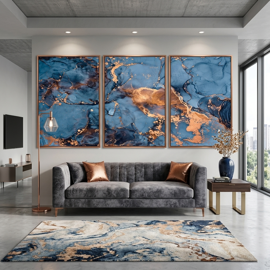 Modularer abstrakter mehrteiliger Kunstdruck auf Leinwand in Blau und Gold