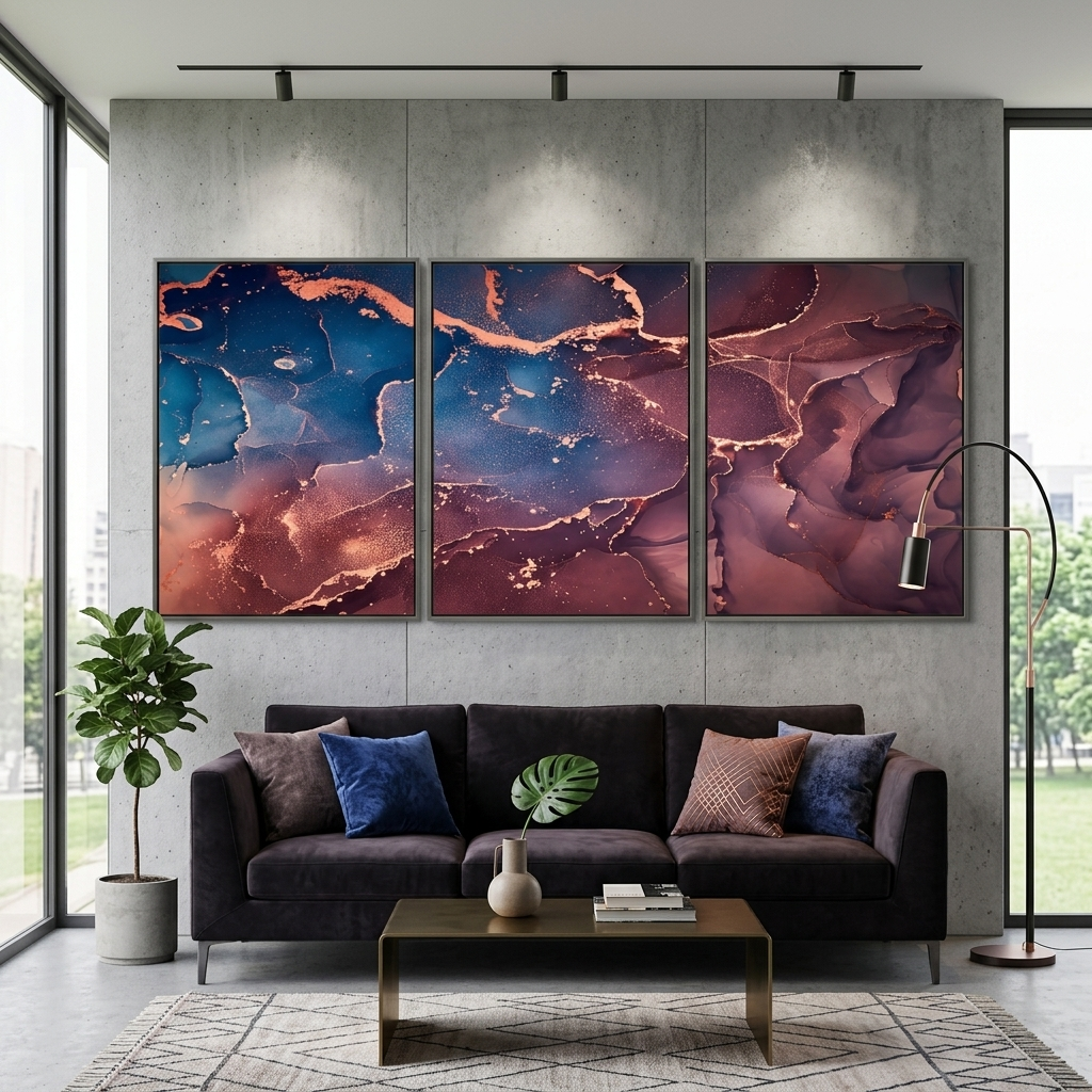 Modularer abstrakter Kunstdruck auf Leinwand, mehrteilig, Burgunderrot und Blau