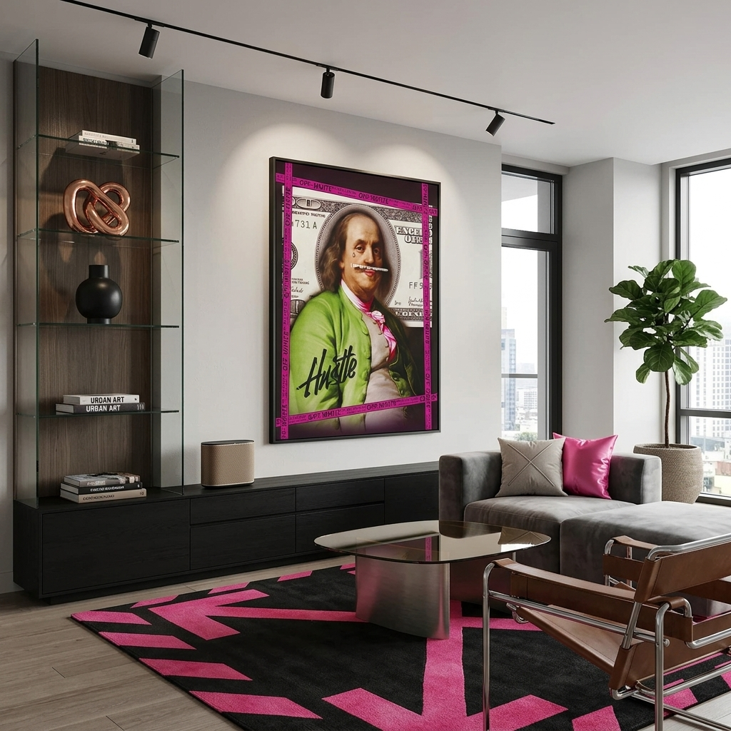 Franklin vor dem Hintergrund eines inspirierenden Kunstdrucks auf Leinwand im Wert von 100 US-Dollar