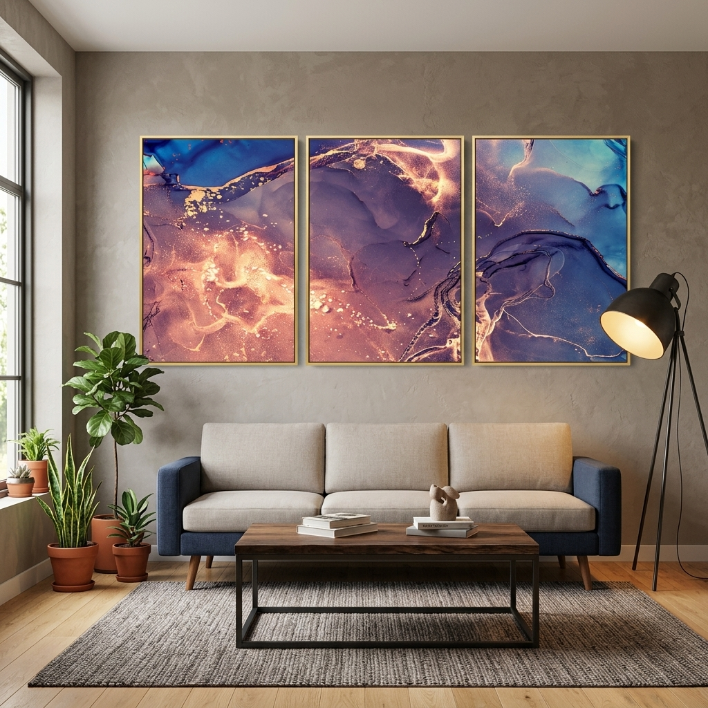 Modularer, abstrakter, puderblauer Kunstdruck auf Leinwand, mehrere Teile