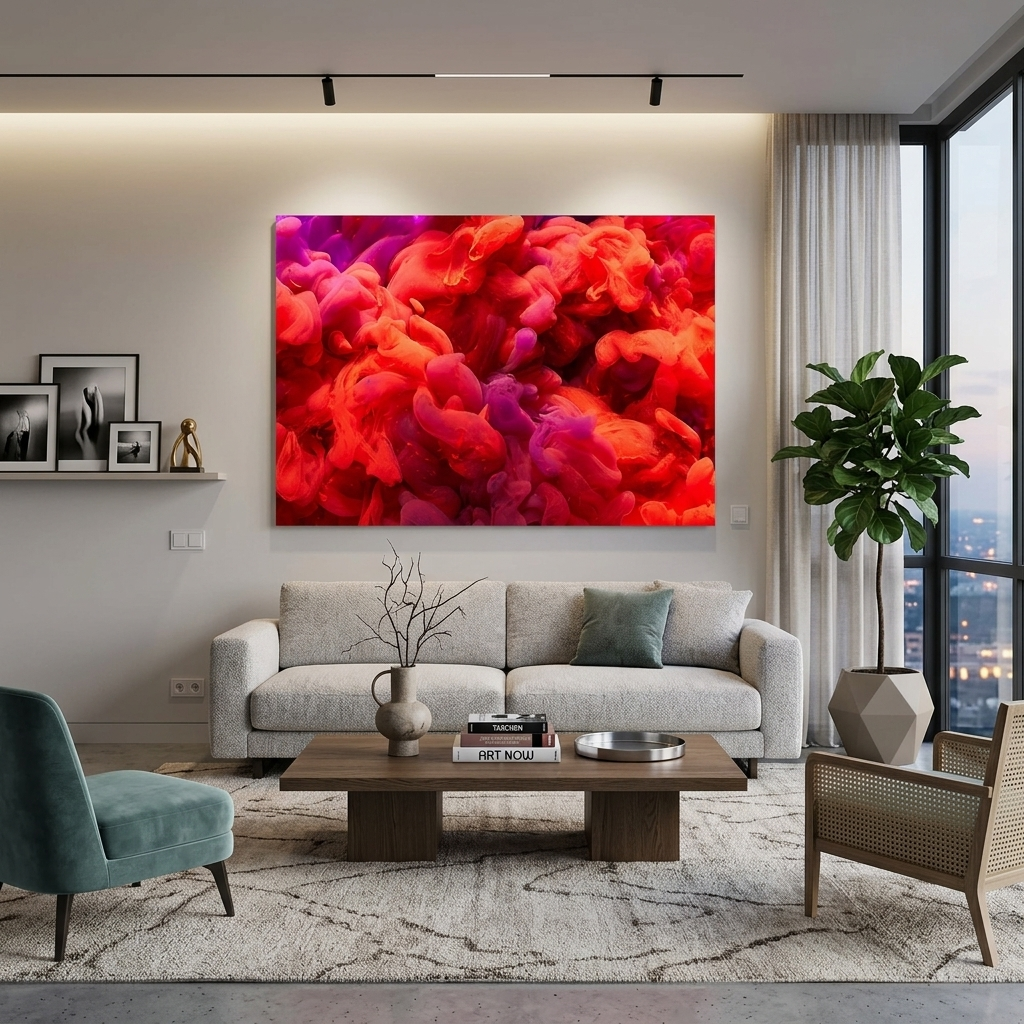 Kunstdruck auf Leinwand, rot und violett, Rauch