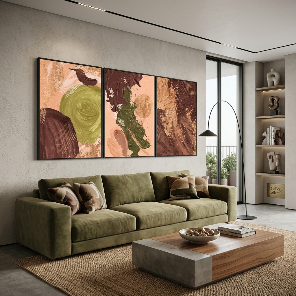 Modularer Kunstdruck auf Leinwand in Braun-Beige-Tönen mit grünen Elementen, mehrere Teile