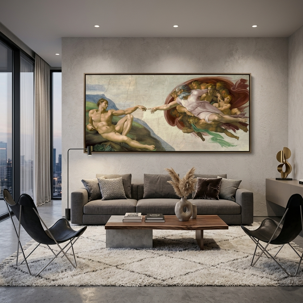 Reproduktion von Michelangelos Fresko „Die Erschaffung Adams“, Reproduktion, Kunstdruck auf Leinwand